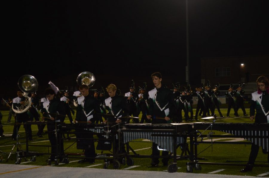 The WBHS marching band’s front ensemble stands proudly.