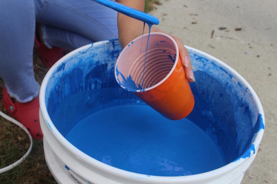 A close up of Kayla Ward pouring a beautiful shade of royal blue paint.