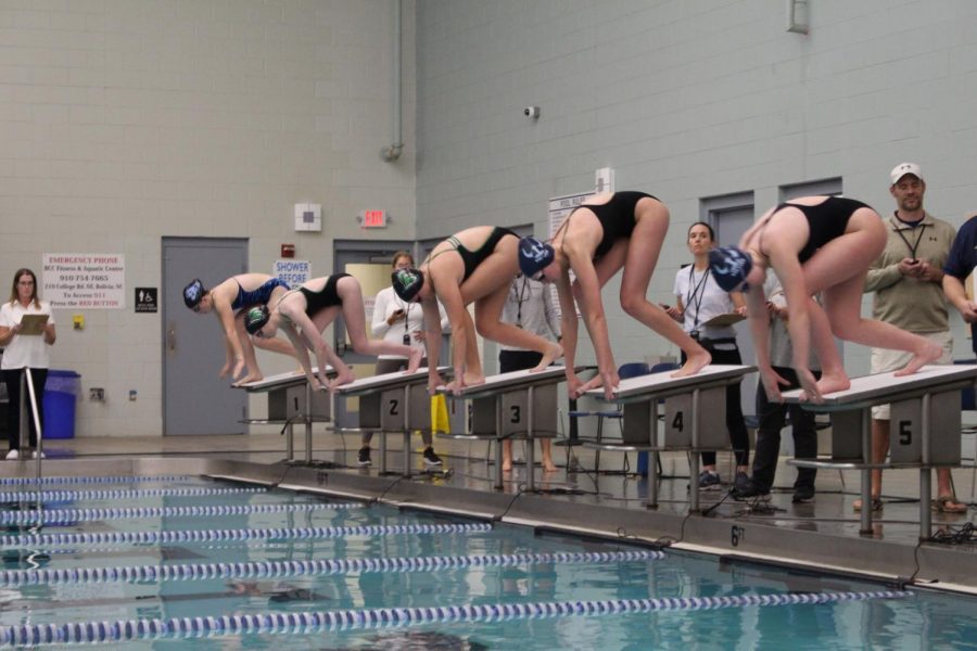 Women from the West, Hoggard, and South teams preparing to dive.
