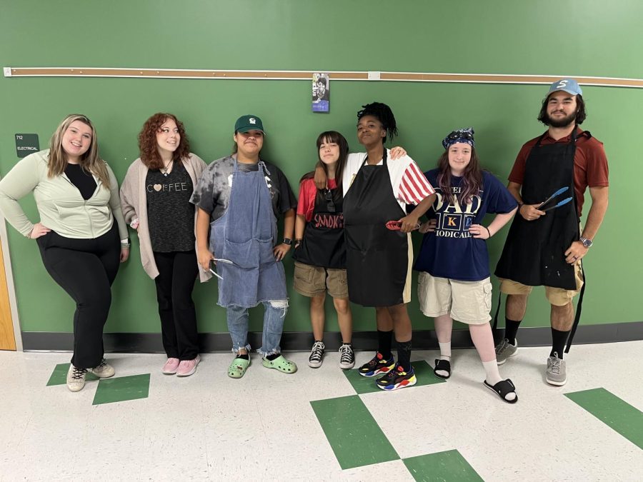 A group of students dressed for spirit week.