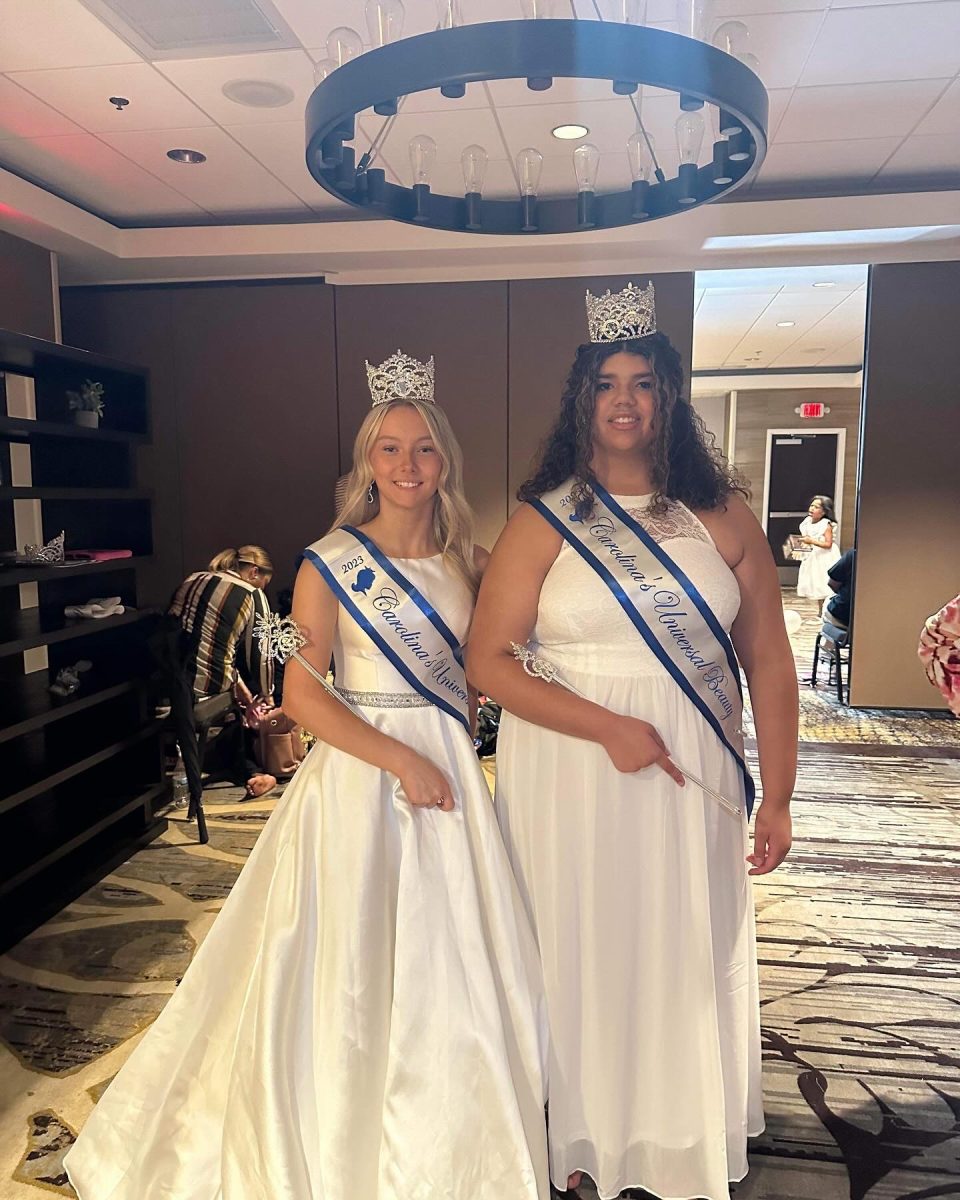 Sophomore Jenna Williams and sister queen Junior Emily Wheeler from South Carolina after the Carolina Universal Beauty state pageant.
