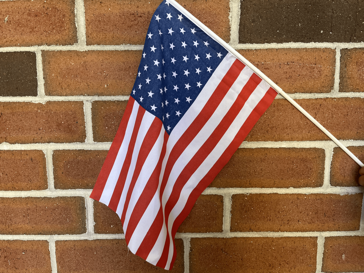 The American Flag against a brick wall.