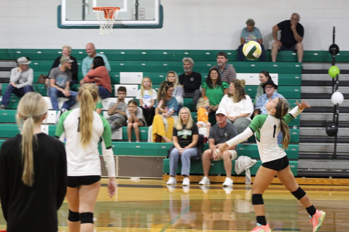Sophomore, Autumn Wyatt, looking up at the ball about to serve. 