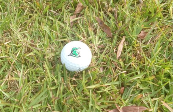 A Trojan golf ball, laying in the grass.