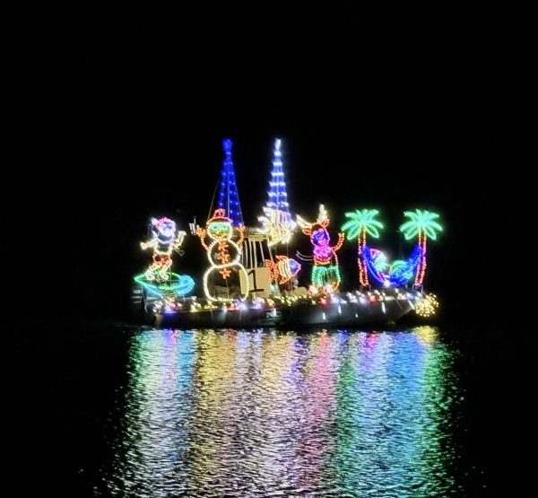 Winning boat, dressed in up Hawaii decor.