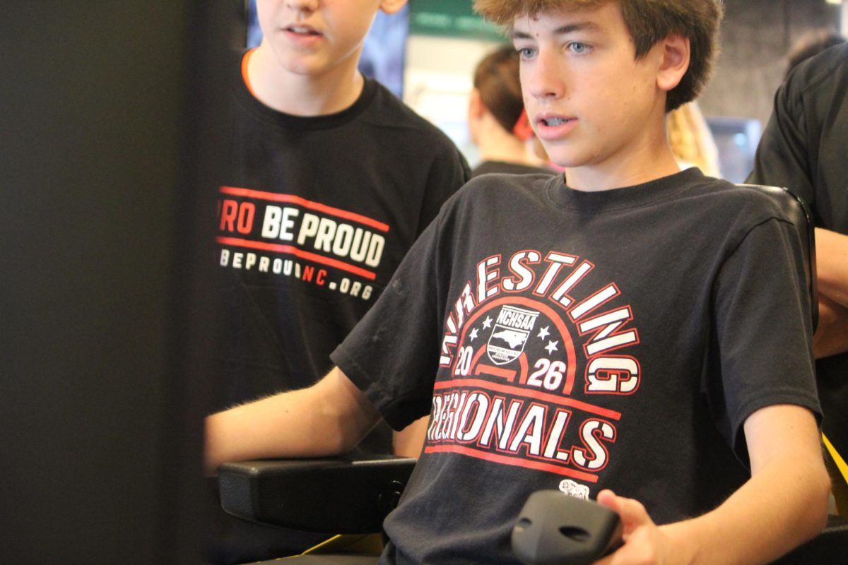 Freshman Graham Andrews testing out a simulator. 